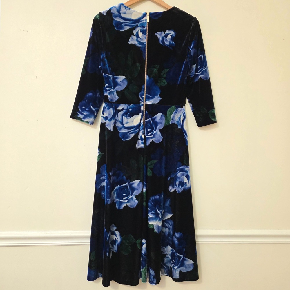 Calvin Klein Dark Floral Velvet Midi Dress Sz 10 Blue Rose Office‎ Evening - Picture 6 of 15